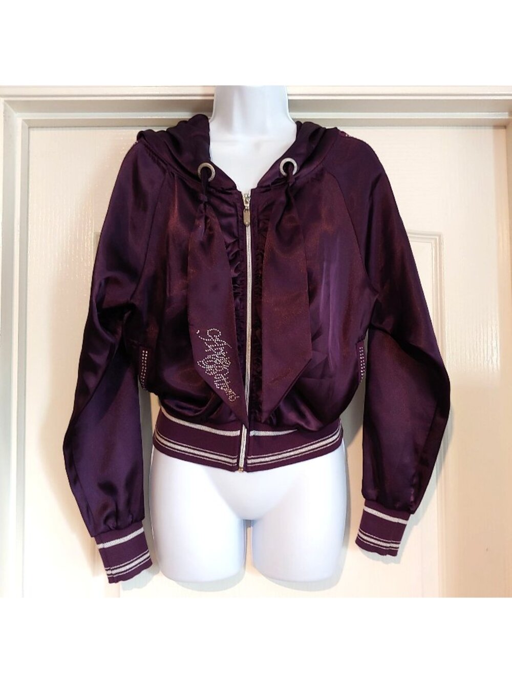 Apple Bottom Satin Zip Hoodie Urban Glam Bratz Mcbling Y2K Streetwear Purple M